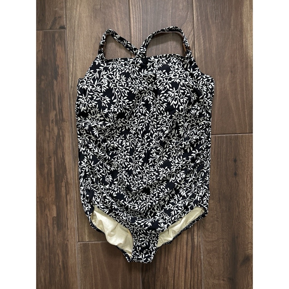 Lands End Womens 22W Black White Leaf Print Ruched One Piece Swimsuit‎ Tortoise